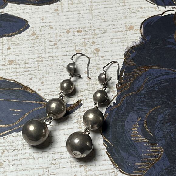 Vintage Handmade Long 925 Sterling Silver Patina Ball Drop Earrings - Picture 2 of 4
